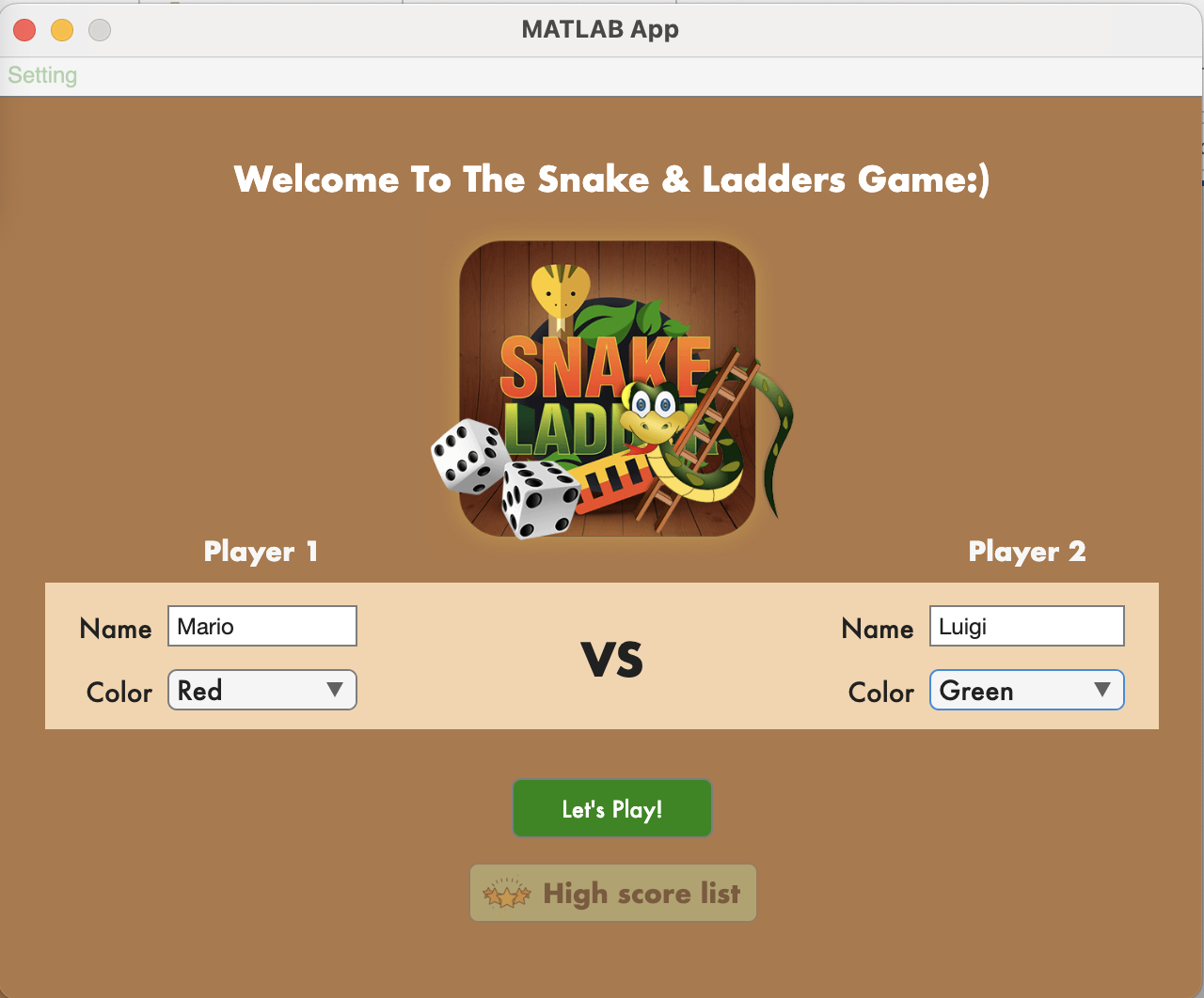 Snakes and Ladders Main Menu